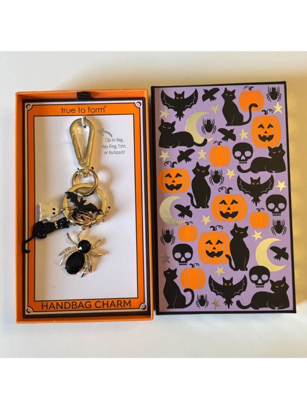 True To Form Halloween Handbag Charm Pumpkin Spider Black Cat Ghost Keyring Clip - Picture 2 of 13